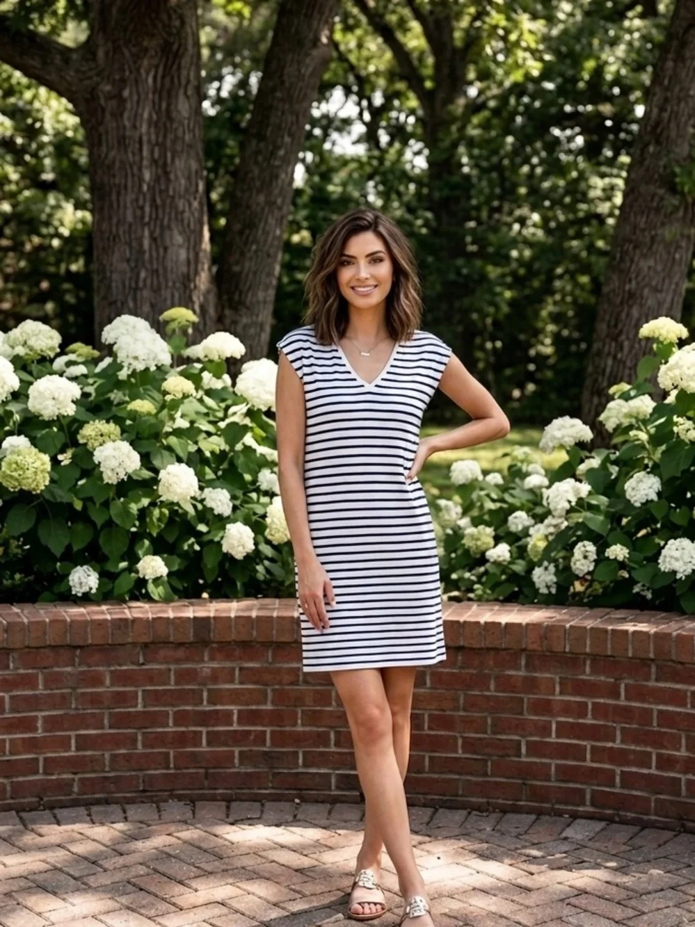 J. Crew Navy and White Striped V‑Neck Tee Dress